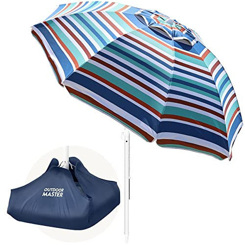 OutdoorMaster Beach Umbrella with Sand Bag - 6.5ft Beach Umbrella with Sand Anchor, UPF 50+ PU Coating with Carry Bag for Patio and Outdoor - Blue/Red Striped | Amazon (US)
