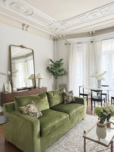 Living and dining room, set up green velvet sofa, tapestry pillow covers, washable rug, small glass, rectangular, coffee, table, oval marble, dining table, black, dining chairs, white linen curtains, sheer curtains, faux tree, gold floor, mirror, table lamp, horizontal dresser