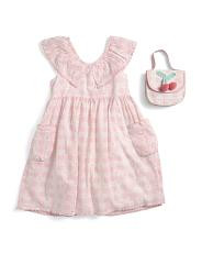 Girls Ruffle Neck Dobby Dot Dress With Purse | TJ Maxx