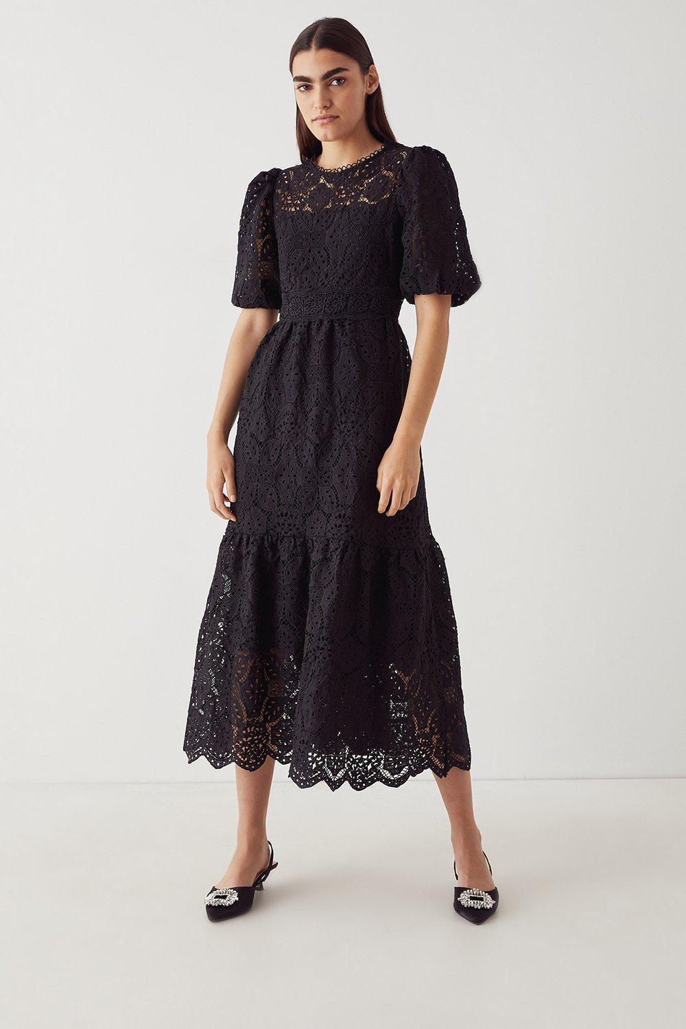 Lace Tier Puff Sleeve Midi Dress | Warehouse UK & IE