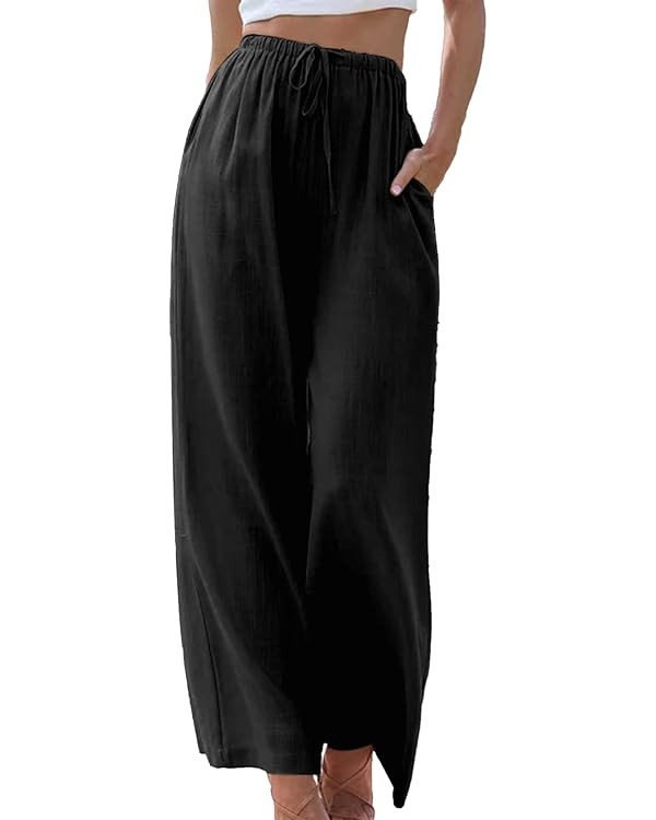 Duyang Womens Cotton Linen Palazzo Pants Drawstring Elastic Waist Casual Wide Leg Trousers with P... | Amazon (US)