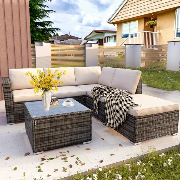 Rattan Patio Sofa Set, 4 Pieces Outdoor Sectional Furniture Set for 3, All-Weather PE Rattan Wick... | Walmart (US)
