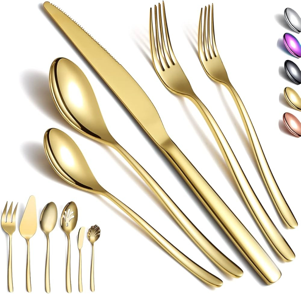 Gold Silverware Set 46 Piece, Stainless Steel Flatware Set, Cutlery Set, Utensil Sets, With Cake ... | Amazon (US)