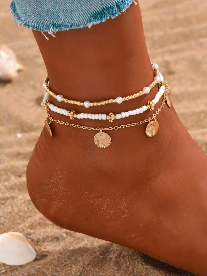 3pcs Summer Beach Bohemian Style Rice Bead Shell Anklet | SHEIN