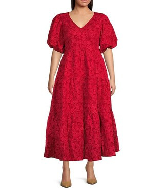 Sugarlips Plus Puffed-Sleeve Floral Jacquard Tiered Long Dress | Dillard's | Dillard's
