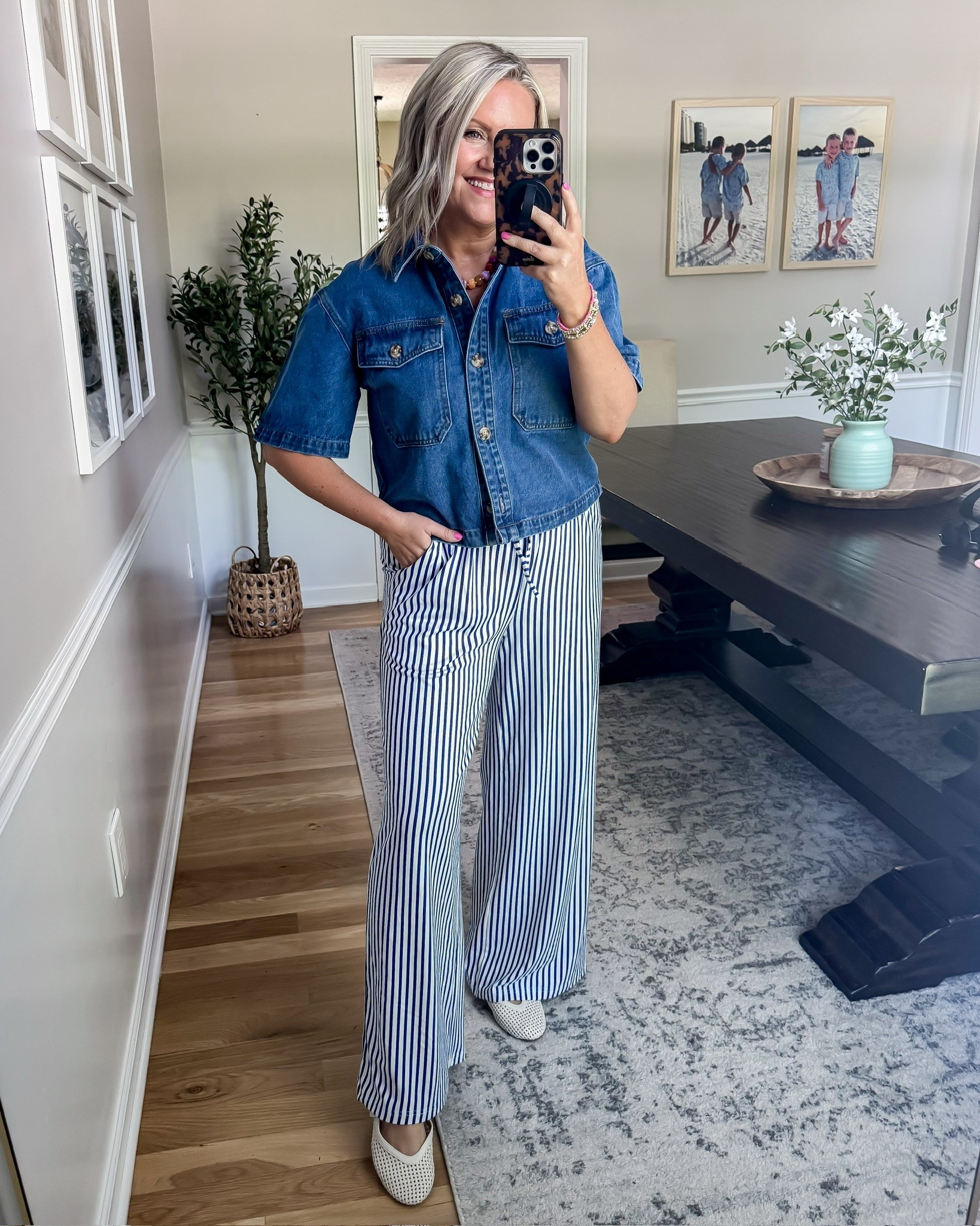This outfit feels like the perfect mix of polished and effortless. I love how the denim top paired with striped wide leg pants gives that coastal chic look while still being comfy enough for everyday wear.

denim top, striped pants outfit, coastal chic style, wide leg pants, casual summer outfit, elevated everyday style, blue and white outfit, effortless fashion, vacation outfit ideas, summer wardrobe staples, lovelylifestyling

#LTKootd #LTKSeasonal #LTKOver40