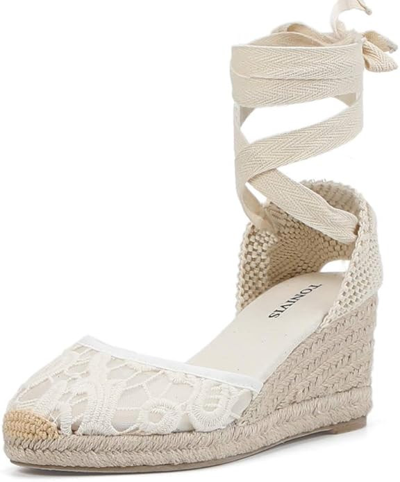 TONIVIS Women’s Platform Wedges Espadrilles, 3" Wedge, Soft Ankle-Tie Strap, Closed Toe, Classi... | Amazon (US)