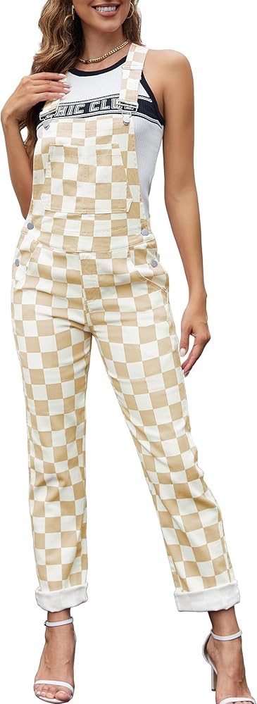 Odefou Checkered Pants Womens Overalls Fashion Bib Coveralls Cute Stretch Jeans Jumpsuit | Amazon (US)
