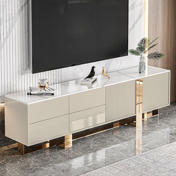 86.6" Marble Top Rectangular TV Console with 4 Drawers & 2 Doors in Champagne | Homary