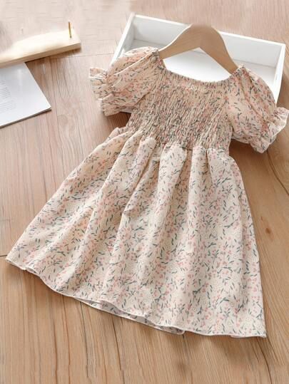 Toddler Girls Ditsy Floral Print Shirred Dress | SHEIN