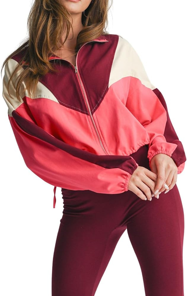 Women's Cropped Lightweight Windbreaker Color Block Zipper Sport Jacket Long Sleeve Coat | Amazon (US)