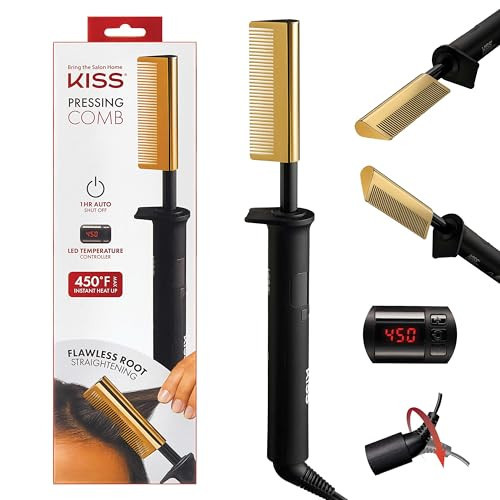 KISS Professional Pressing Comb with Polished Gold Smoothing Comb, Safety Stand, Digital LED Temperature Display, & Tangle Free 360° Swivel Cord | Amazon (US)