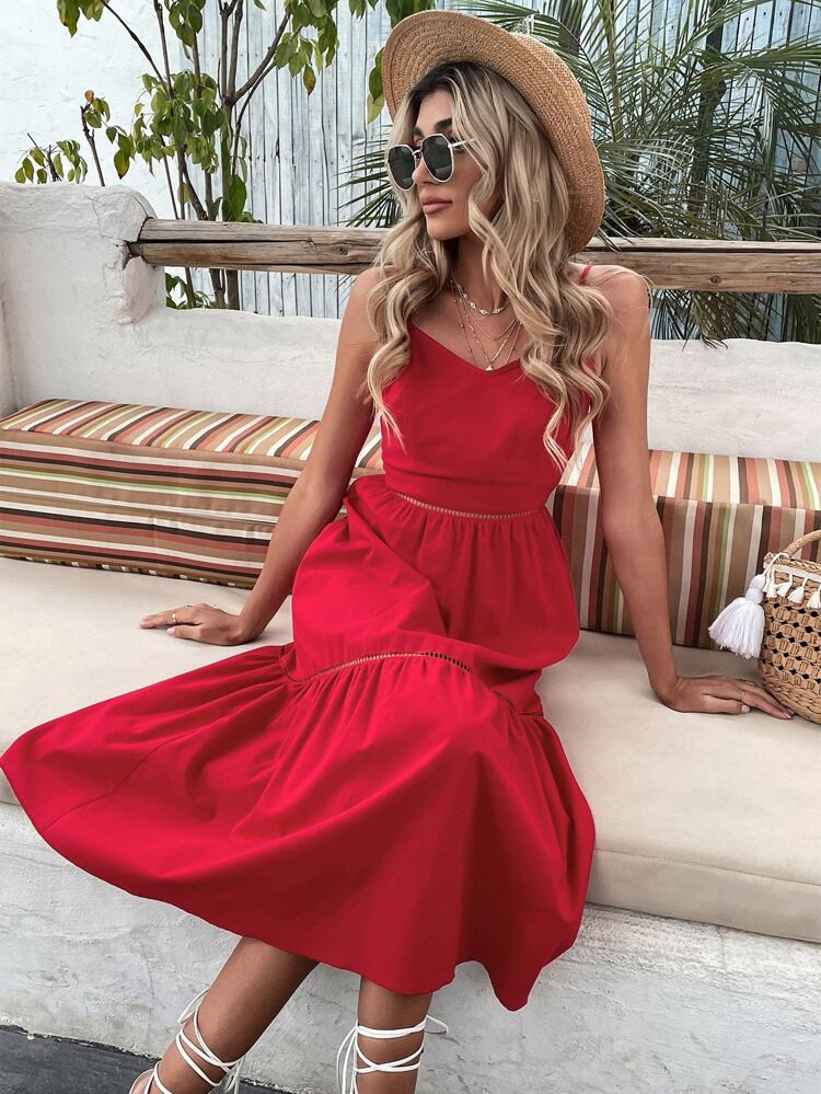 Guipure Lace Insert Ruffle Hem Cami Dress | SHEIN