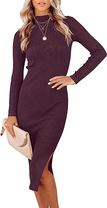 ANRABESS Women's Long Sleeve Ribbed Sweater Dress Turtleneck Slim Fit Slit Midi Dress | Amazon (US)