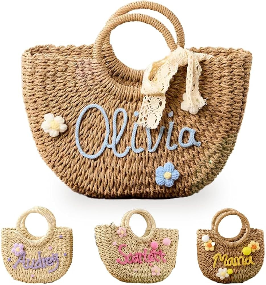 Personalized Embroidered Straw Beach Bag for Kids, Custom Flower Girl Basket for Wedding, Monogra... | Amazon (US)