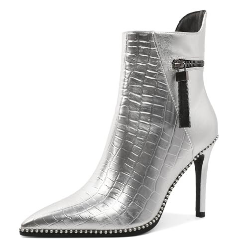 Soireelady Women Silver Ankle Boot Pointed Toe Stiletto High Heel Beaded Short Booties Side Zipper 4 Inches Silver US Size 7.5 | Amazon (US)