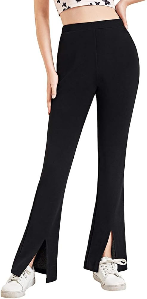 Romwe Women's Flared Leg Yoga Pants Ribbed Knit High Waist Slit Hem Fitted Pants | Amazon (US)