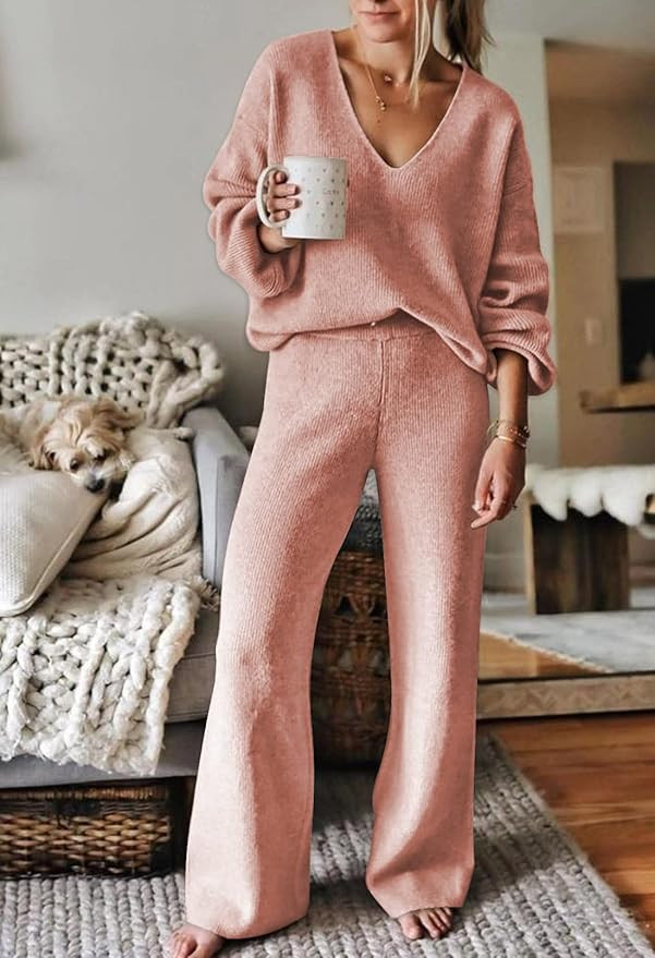 Viottiset Women's 2 Piece Outfits Casual V Neck Knit Wide Leg Sweater Lounge Set Sweatsuit | Amazon (US)