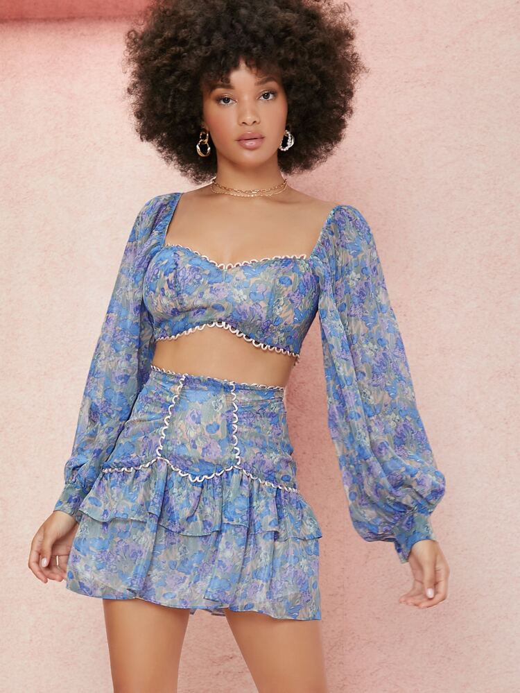 SHEIN Floral Lantern Sleeve Top & Layered Hem Skirt Set | SHEIN