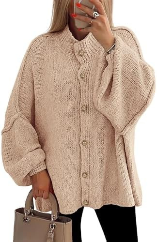 PRETTYGARDEN Women's Winter Button Down Cardigan Sweaters Mock Neck Lantern Long Sleeve Chunky Kn... | Amazon (US)