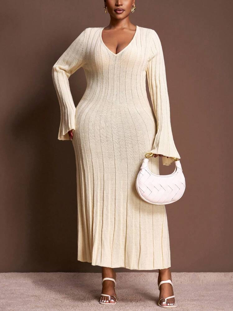 Veslaya 2025 Autumn/Winter New Elegant Casual Vacation Commute Daily Office Outfit Knitted Solid Color Apricot Ribbed Striped Low Round Neck Long Flare Sleeve Wide Hem Fitted Sweater Dress For Plus Size Women Fall | SHEIN