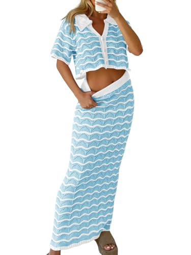 Saodimallsu Women Striped Beach Cover Up Set Button Short Sleeve Collared Crop Top Maxi Skirt Cro... | Amazon (US)