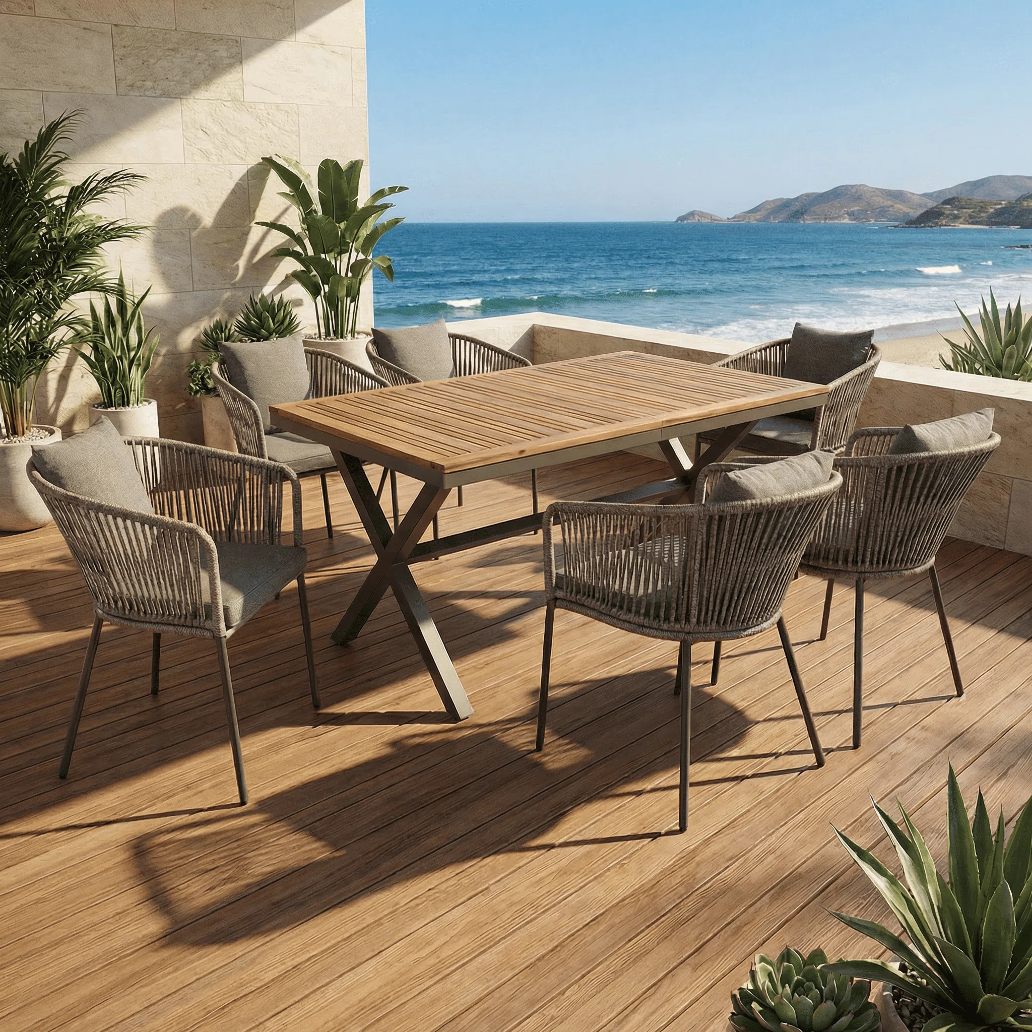 7-Piece All-Weather Patio Dining Set with Acacia Wood Tabletop & Metal Frame for Garden & Backyard | Wayfair North America