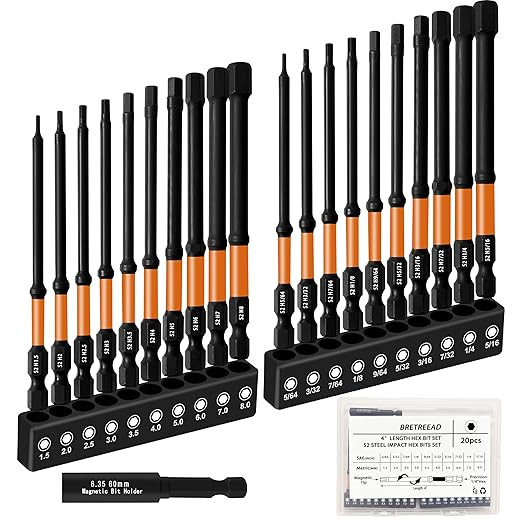 Impact 4’’ Long Hex Head Allen Wrench Drill Bit Set 20PCS(Metric & SAE), 1/4’’ Hex Shank ... | Amazon (US)