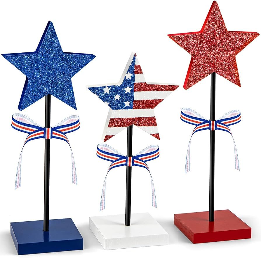 4th of July Table Decorations Wood Star Set,3 Pieces Memorial Day Table Decorations,Rustic Patrio... | Amazon (US)