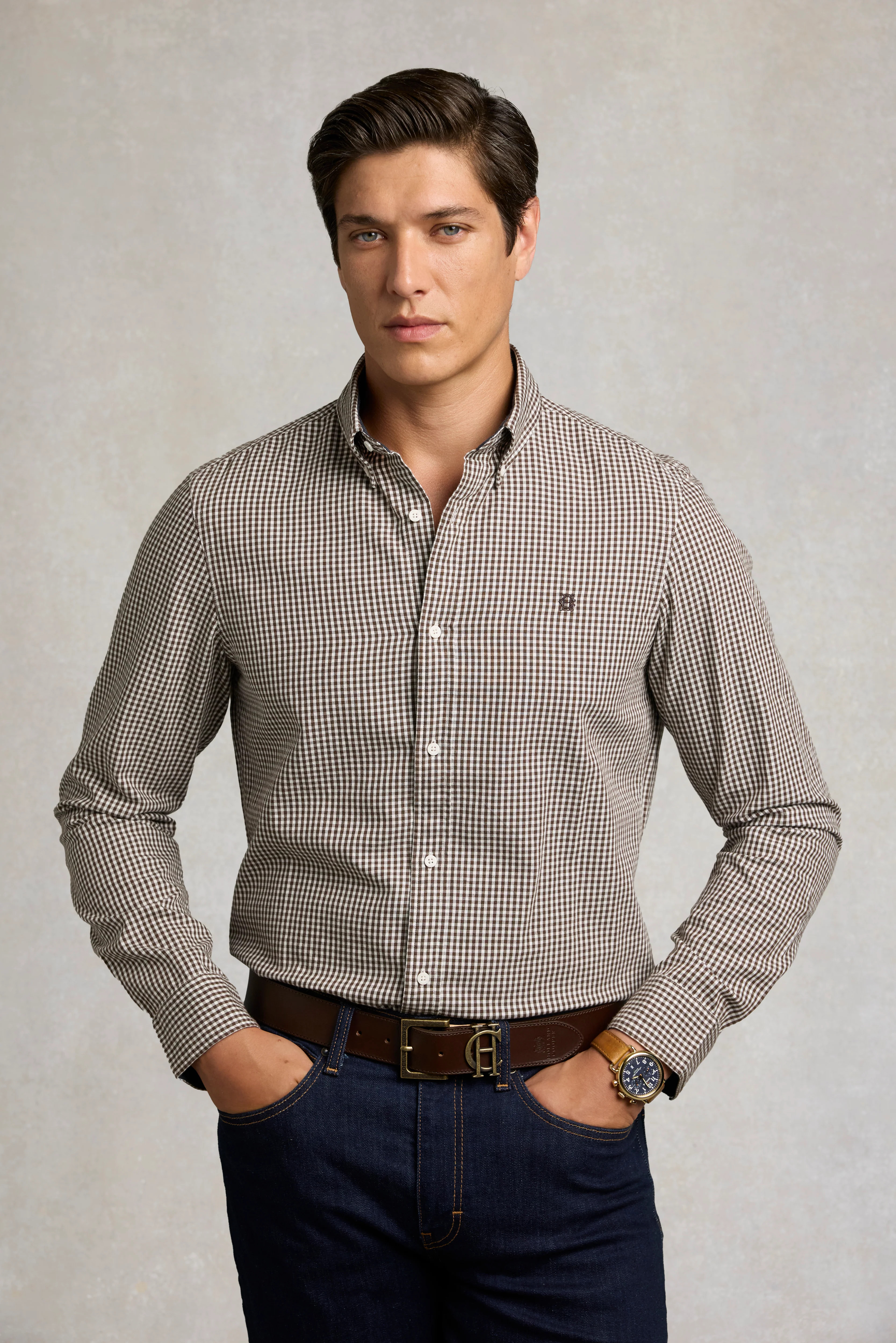 Men's Classic Fit Button Down Shirt (Chocolate Gingham) | Holland Cooper