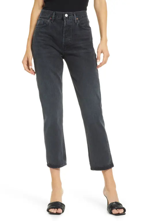 AGOLDE Riley High Waist Crop Straight Leg Jeans in Edit Black W/Damage at Nordstrom, Size 33 | Nordstrom