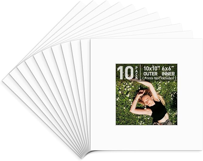 Golden State Art, Pack of 10 Acid Free 10x10 for 6x6 White Picture Mats, Bevel Cut White Core Fra... | Amazon (US)