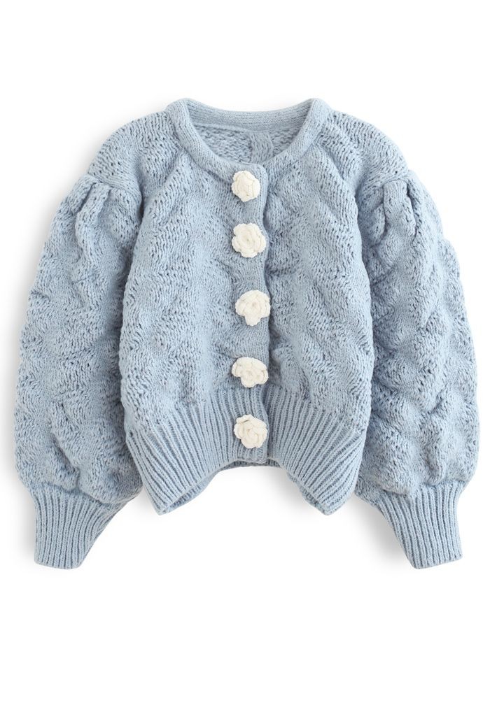 Flowers Button Down Embossed Bubble Sleeves Cardigan in Blue | Chicwish