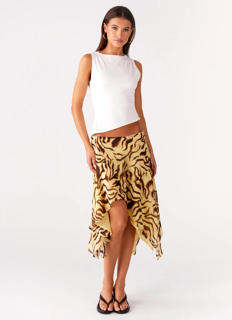 Kia Low Rise Asymmetrical Midi Skirt - Laguna Print | Peppermayo (Global)