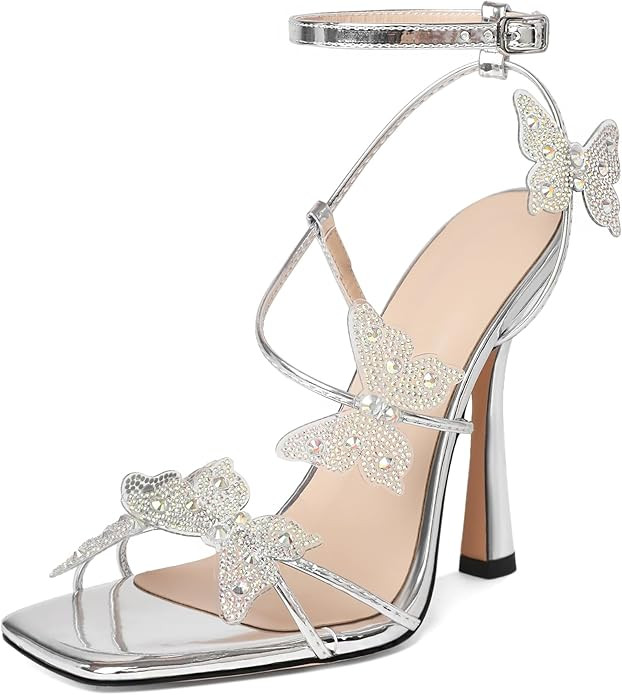 Butterfly Heels Sandals Rhinestone Crystal Butterflies Heels Open Square Toe Stilettos High Heels... | Amazon (US)