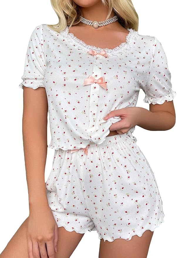 Verdusa Women's 2 Piece Loungewear Pajama Sets Floral Print Lace Trim Bow Short Sleeve Top and Sh... | Amazon (US)