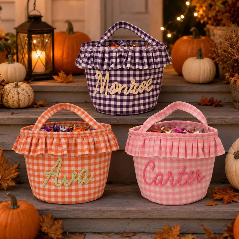 Custom Halloween Gingham Basket, Personalized Trick or Treat Basket, Ruffle Candy Bucket for Kids | Etsy (Global)