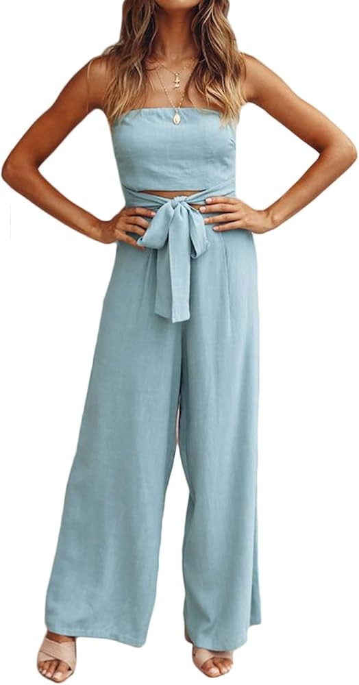 loveimgs Women's Strapless Bandeau Tube Wide Leg Jumpsuit One Piece Cutout Tie Knot Romper Outfit | Amazon (US)
