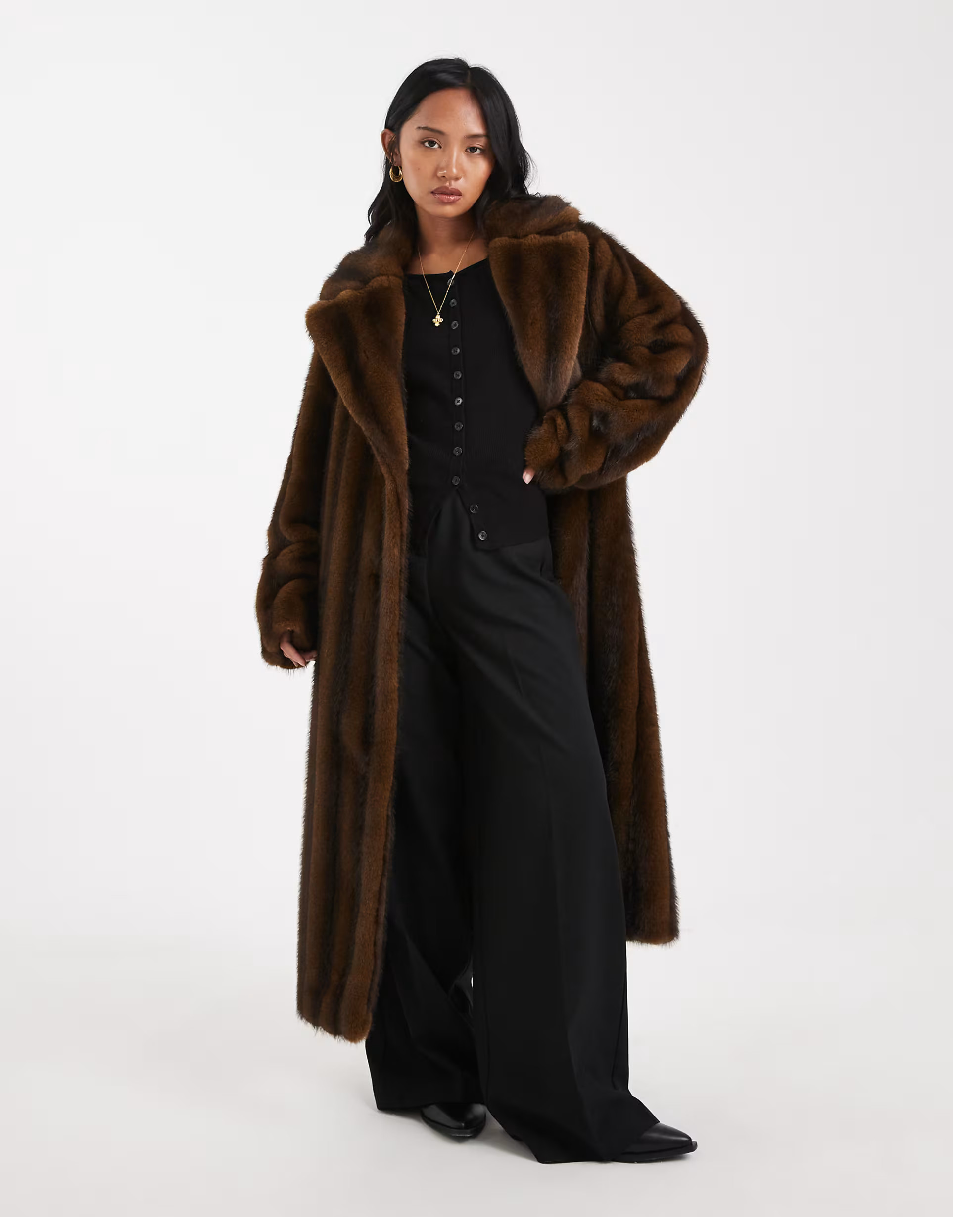 ASOS DESIGN Petite vintage longline faux fur coat in brown | ASOS (Global)