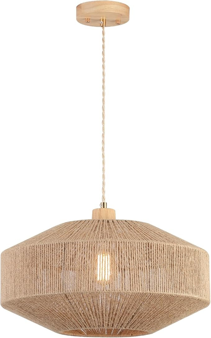 Coastal Large Woven Pendant Light Fixture 17.8 inch One-Light Adjustable Natural Hemp Rope Cage P... | Amazon (US)