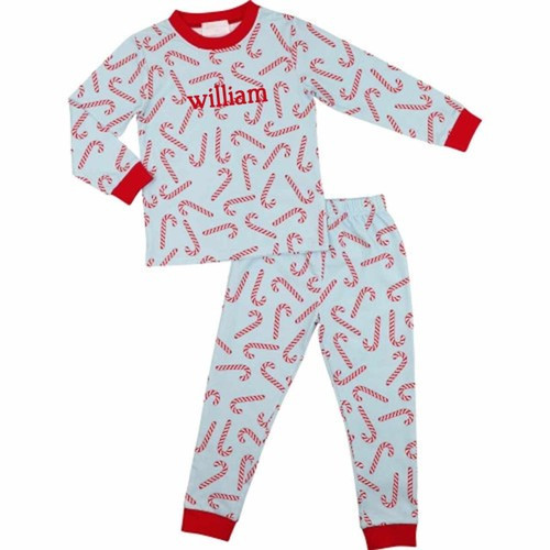 Blue and Red Knit Candy Cane Print Pajamas - Shipping Mid-November | Cecil and Lou
