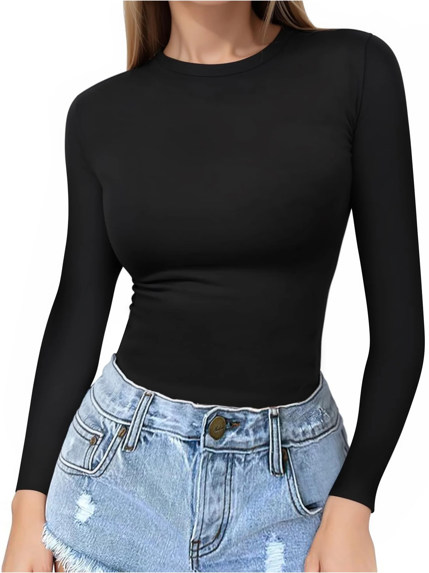 MOYIKO Crew Neck Long Sleeve Shirts for Women Basic Tees Fitted Round Neck Tops | Walmart (US)