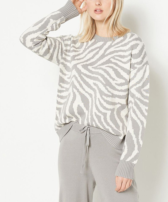 J Jason Wu Women's Pullover Sweaters Gray - Gray Tiger Stripe Jacquard Crewneck Sweater - Women & Pl | Zulily