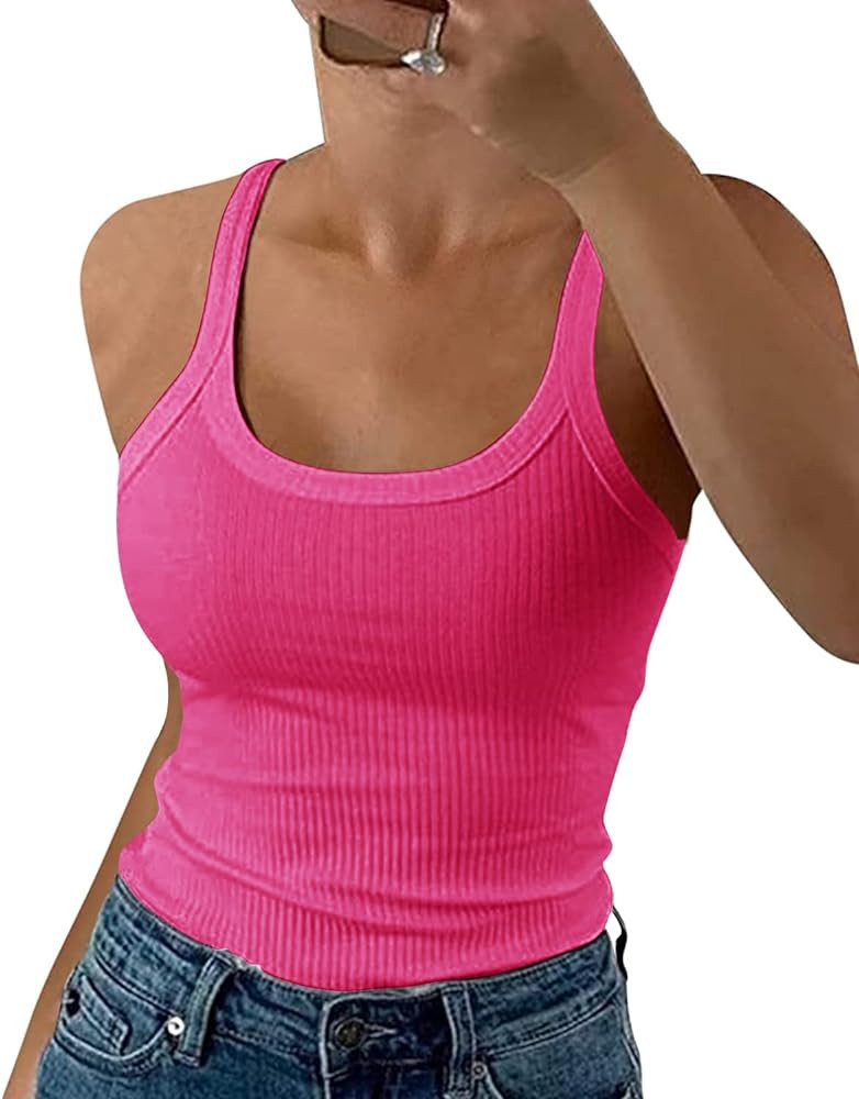 GEMBERA Women Spaghetti Strap Scoop Neck Ribbed Tank Tops Slim Fitted Cotton Camisole Basic Sleev... | Amazon (US)