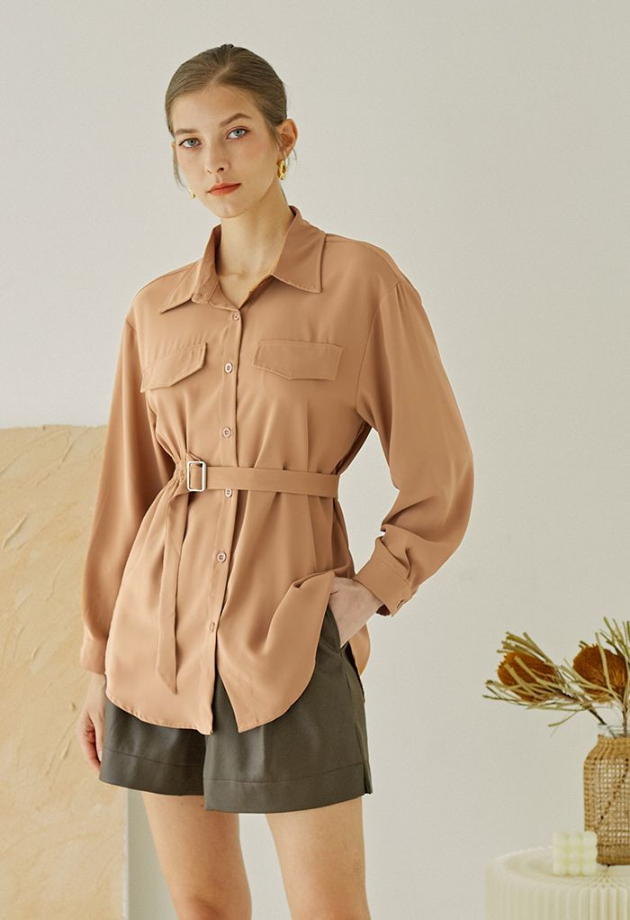 Buckle Belt Flowy Slouchy Shirt in Pumpkin | Chicwish