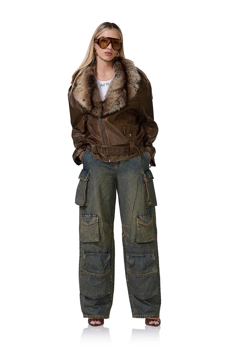 Blaise Fur Moto Jacket - Washed Brown | ShopAFRM
