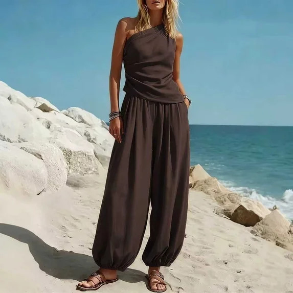 Karymi Two Piece Sets for Women 2-Piece Summer Outfit, One Shoulder Ruched Sleeveless Top + High ... | Walmart (US)