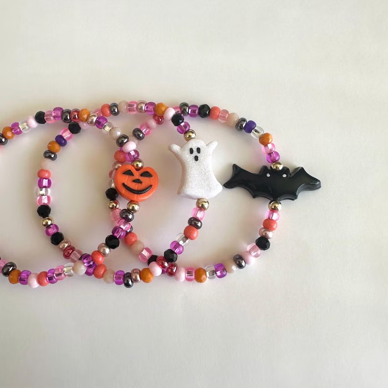 Spooky Cute Halloween Bracelet Bat Ghost Pumpkin Bracelets 14k Gold Filled Seed Beads Gift for Ha... | Etsy (US)