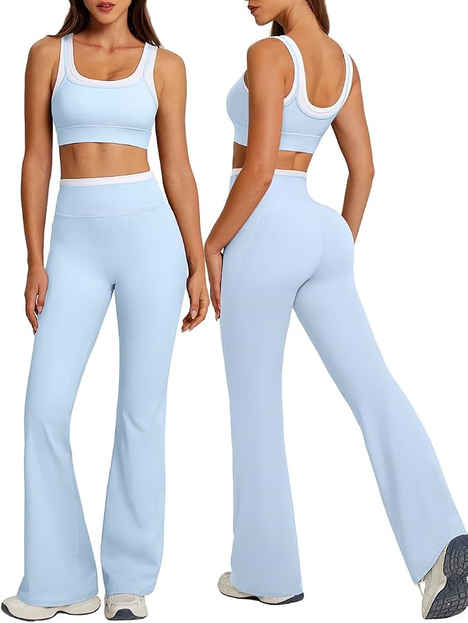 OMKAGI Layered Workout Sets for Women Flare Leggings U Back Pilates Outfits | Amazon (US)