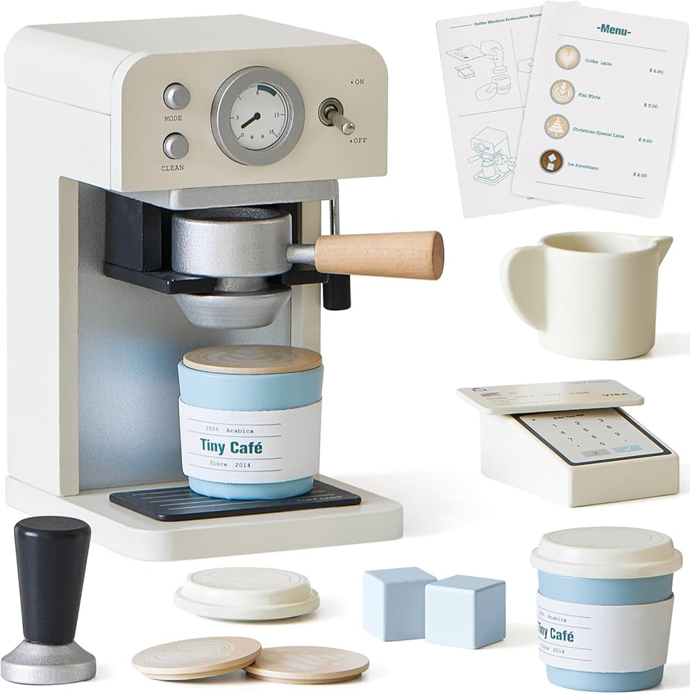 Tiny Land Kids Wooden Coffee Maker Playset – Pretend Play Espresso Machine with POS Machine and... | Amazon (US)